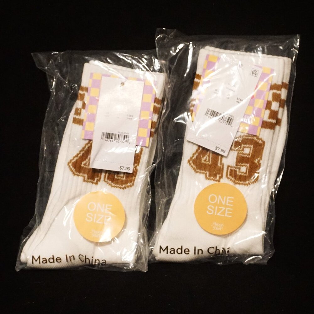 Ascot and Hart Target White Crew Socks with Brown Checkerboard and #43